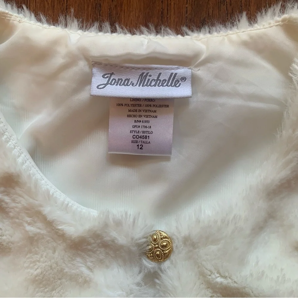 Girls White Faux Fur Bolero Jacket Gold Button Cropped Size 12